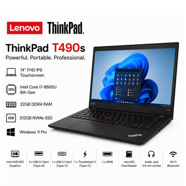 Lenovo ThinkPad T490s 14" Touchscreen Laptop, Intel Core i7 - 8th Gen, 32GB RAM, 512GB SSD, Win11 Pro. (Refurbished)